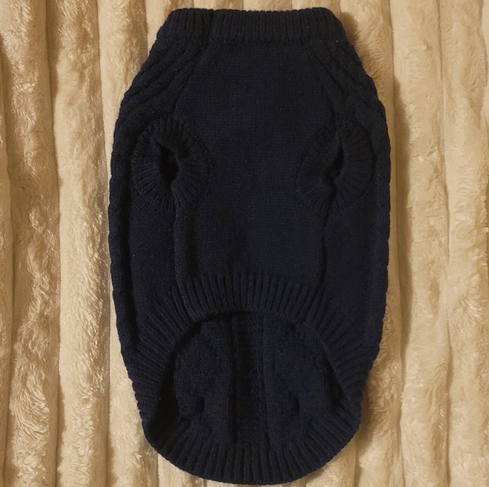 Navy Blue Cable Knit Dog Sweater With Faux Lender Straps And Brown Buttons, Med - Picture 3 of 5